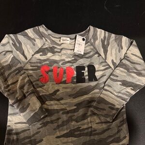Gray Camouflage Sweatshirt with Red and Black 'SUPER' Print